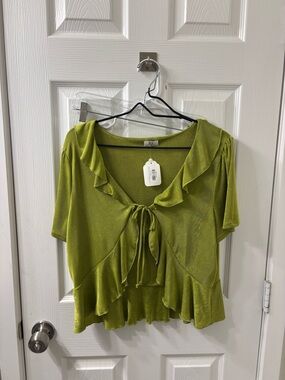 Ruffle Tie-Front Short Sleeve Blouse - Lime Green